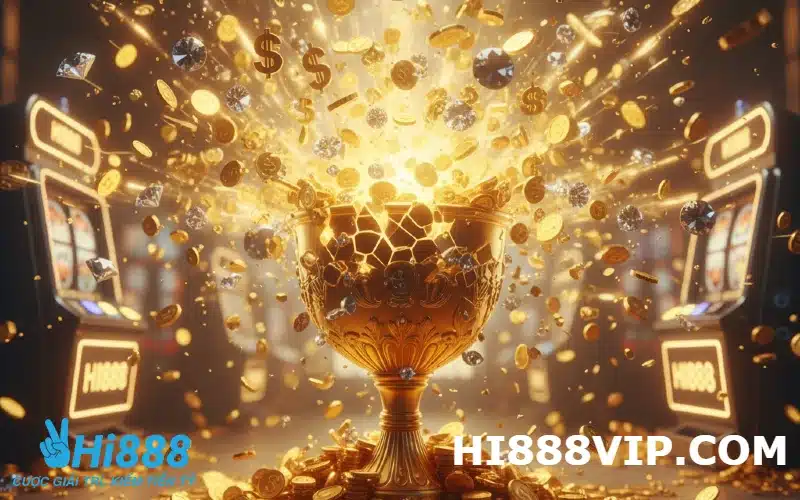 Hình ảnh một biểu tượng Jackpot lớn đang nổ tung với nhiều tiền vàng, biểu trưng cho thắng lớn tại nổ hũ HI888