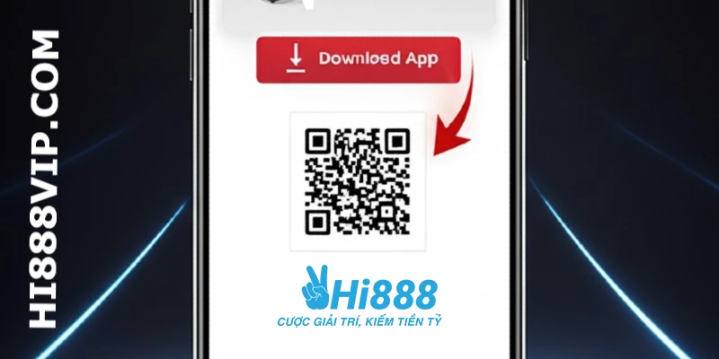Hình ảnh hướng dẫn tìm mã QR hoặc nút bấm để bắt đầu quá trình tải app HI888 cho Android.