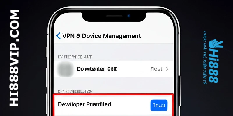 Minh họa các bước xác thực tin cậy cho nhà phát triển để hoàn tất cài đặt sau khi tải app HI888 trên iPhone.