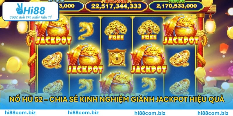 Nổ Hũ 52 – Bí Quyết Chơi & Thắng Lớn Tại HI888 1 Màn hình game slot nổ hũ 52 đang hiển thị jackpot với hiệu ứng đồng tiền vàng tung tóe, ánh đèn neon rực rỡ - Nổ hũ 52